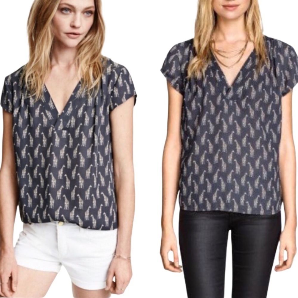 H&M Conscious Giraffe Print Pintuck V-Neck Blouse Grey Sz 2 Eco Bohemian Grunge
